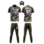 Custom cricket uniform kit with a purple and brown abstract pattern, featuring a cap, jersey, and trousers by Adrees Enterprises.