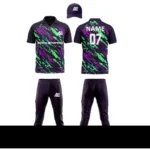 Custom cricket uniform kit with a purple and green abstract pattern, including a cap, jersey, and trousers by Adrees Enterprises.
