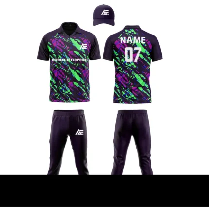 Custom cricket uniform kit with a purple and green abstract pattern, including a cap, jersey, and trousers by Adrees Enterprises.