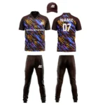 Custom cricket uniform kit with a brown and blue abstract design, including a cap, jersey, and trousers by Adrees Enterprises.