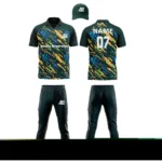 Custom cricket uniform kit with a green and orange abstract pattern, including a cap, jersey, and trousers by Adrees Enterprises.