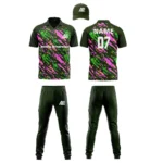 Custom cricket uniform kit with a green and pink abstract pattern, including a cap, jersey, and trousers by Adrees Enterprises.