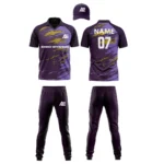 Custom cricket uniform kit with a purple and gold abstract design, including a cap, jersey, and trousers by Adrees Enterprises.