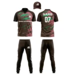 Custom cricket uniform kit with a brown and pink abstract design, including a cap, jersey, and trousers by Adrees Enterprises.
