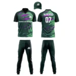 Custom cricket uniform kit with a green and purple abstract design, including a cap, jersey, and trousers by Adrees Enterprises.