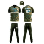 Custom cricket uniform kit with a green and brown abstract design, including a cap, jersey, and trousers by Adrees Enterprises.