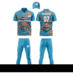 Custom cricket uniform kit with a blue and orange abstract design, including a cap, jersey, and trousers by Adrees Enterprises.