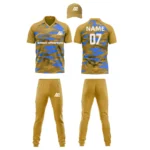Custom cricket uniform kit with a gold and blue abstract design, including a cap, jersey, and trousers by Adrees Enterprises.