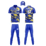 Custom cricket uniform kit with a blue and yellow abstract design, including a cap, jersey, and trousers by Adrees Enterprises.