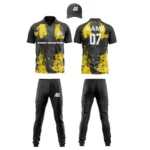 Custom cricket uniform kit with yellow design, logo, and name