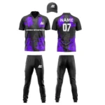 Custom cricket uniform kit with purple design, logo, and name