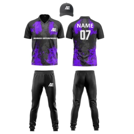 Custom cricket uniform kit with purple design, logo, and name