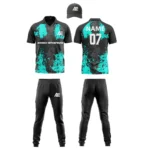 Custom cricket uniform kit with turquoise design, logo, and name