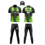 Custom cricket uniform kit with green design, logo, and name