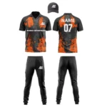 Custom cricket uniform kit with orange design, logo, and name