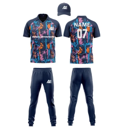 Custom cricket uniform kit with navy, pink, and orange design
