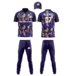 Custom cricket uniform kit with purple and yellow design