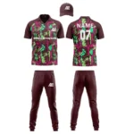 Custom cricket uniform kit with maroon and green design