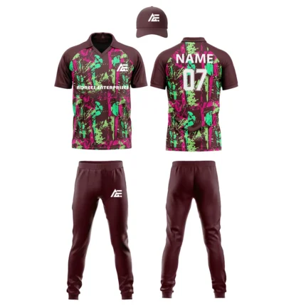 Custom cricket uniform kit with maroon and green design