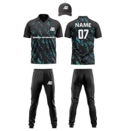 Custom cricket uniform kit with teal and black design