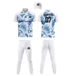 Custom cricket uniform kit with blue and white design