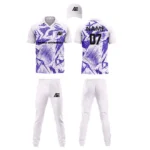 Custom cricket uniform kit with purple and white design