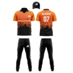 Custom cricket uniform kit with orange and black design
