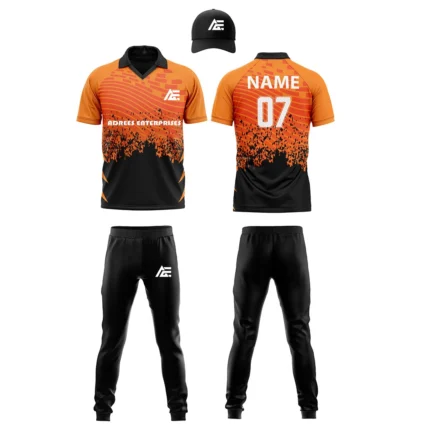 Custom cricket uniform kit with orange and black design