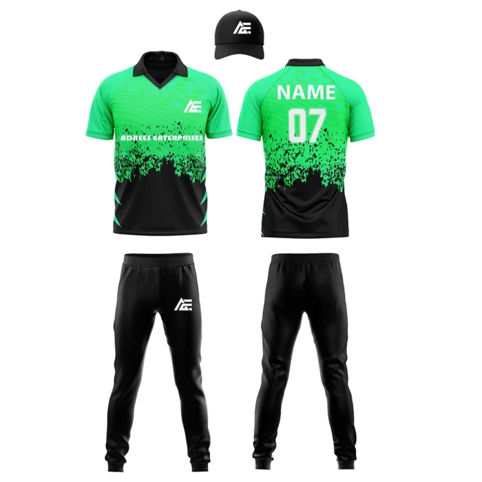 Custom cricket uniform kit with green and black design