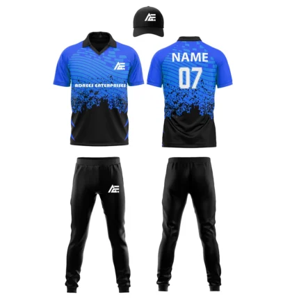 Custom cricket uniform kit with blue and black design