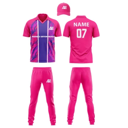 "Pink cricket uniform kit with jersey, pants, and cap"