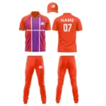 "Red cricket uniform kit with jersey, pants, and cap"
