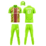 "Green cricket uniform kit with jersey, pants, and cap"