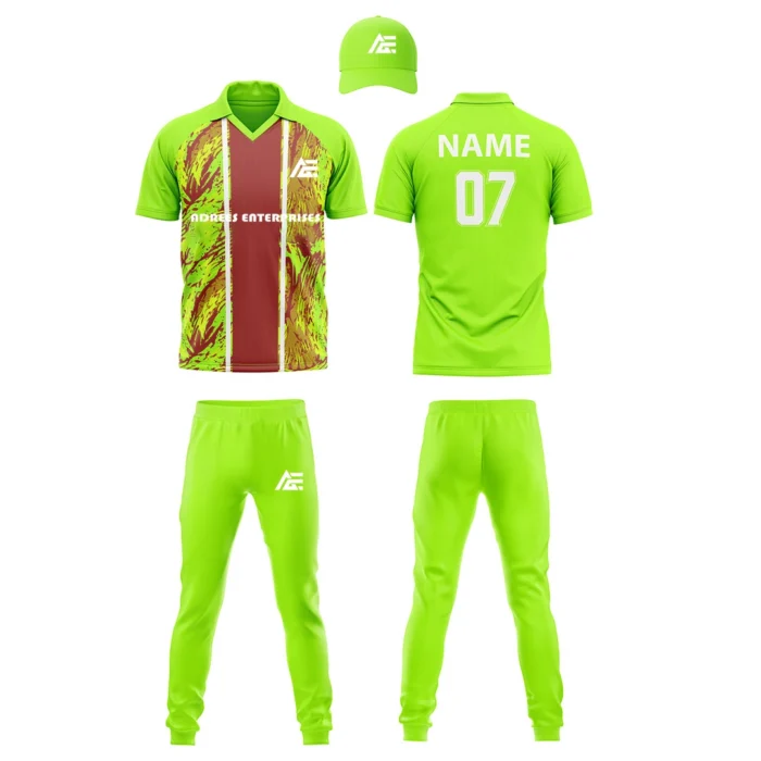 "Green cricket uniform kit with jersey, pants, and cap"