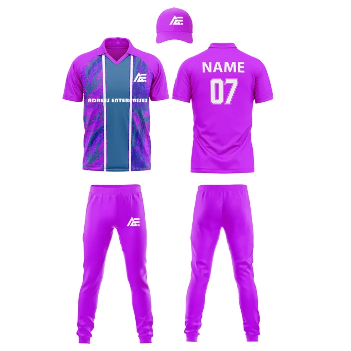 "Purple cricket uniform kit with jersey, pants, and cap"