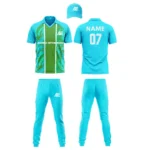 "Blue cricket uniform kit with jersey, pants, and cap"