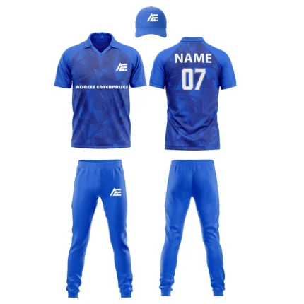 Custom cricket uniform kit with blue and black design