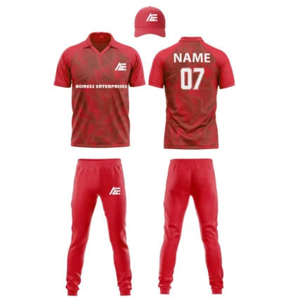Custom cricket uniform kit with red and black design