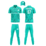 Custom cricket uniform kit in an aqua color featuring a swirled design pattern and branding by Adrees Enterprises.