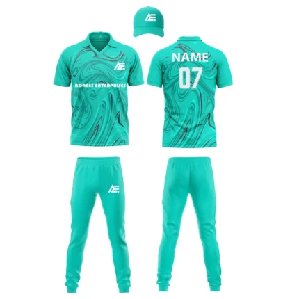 Custom cricket uniform kit in an aqua color featuring a swirled design pattern and branding by Adrees Enterprises.