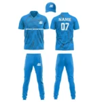 Custom cricket uniform kit in a bright blue shade with a marble-inspired pattern and logo by Adrees Enterprises.