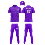 Custom cricket uniform kit in a deep purple color with a swirling pattern and branding by Adrees Enterprises.