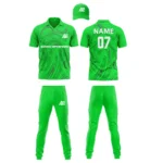 Custom cricket uniform kit in a vibrant green shade with a dynamic swirl design and logo by Adrees Enterprises.