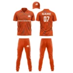 Custom cricket uniform kit in a bright orange color featuring a unique swirling design and branding by Adrees Enterprises.