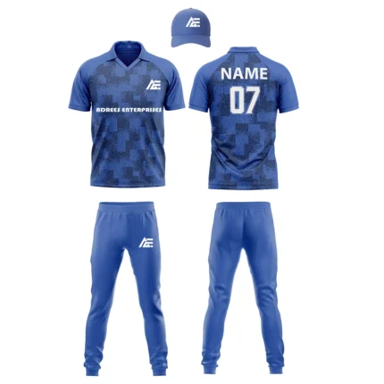 Custom cricket uniform kit in a royal blue color featuring a pixelated design and branding by Adrees Enterprises.