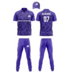Custom cricket uniform kit in a deep purple color with a pixelated design and personalized branding by Adrees Enterprises.