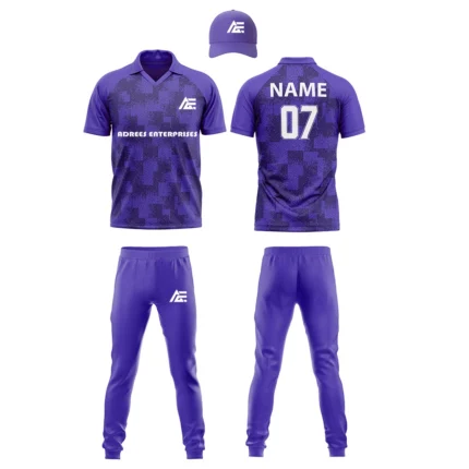 Custom cricket uniform kit in a deep purple color with a pixelated design and personalized branding by Adrees Enterprises.