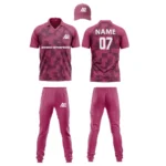 Custom cricket uniform kit in a maroon color featuring a pixelated pattern and branding by Adrees Enterprises.