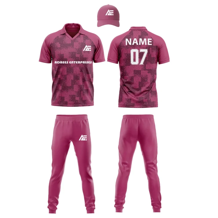 Custom cricket uniform kit in a maroon color featuring a pixelated pattern and branding by Adrees Enterprises.