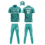 Custom cricket uniform kit in a teal green color with a pixelated design and personalized name by Adrees Enterprises.